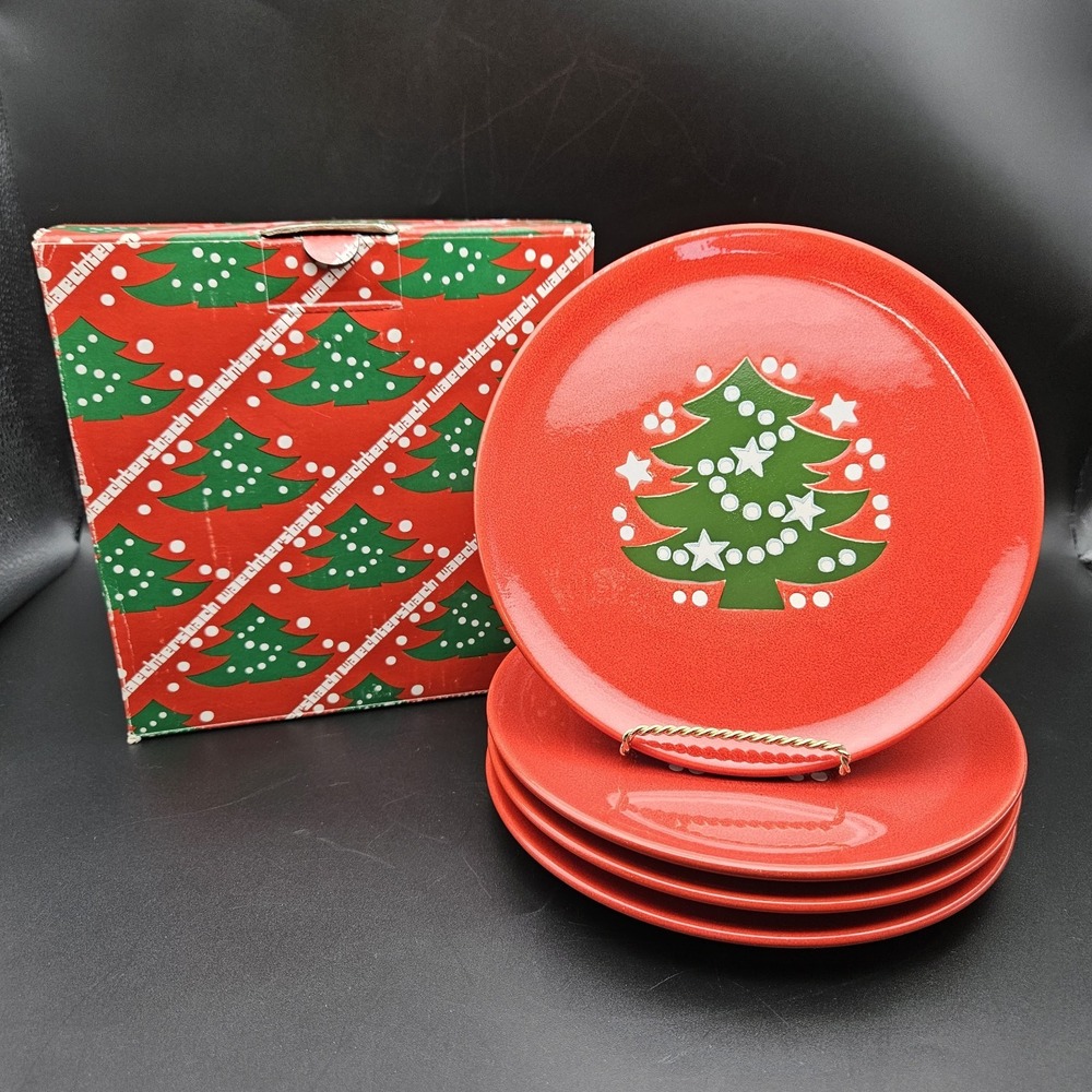 4 Waechtersbach Christmas Tree Red Salad/Dessert Plate 7-3/4" Set of 4 in Box